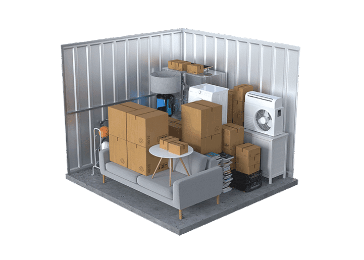 A 3D rendering showing the storage capacity of a 10x10 unit, filled with a refrigerator, bicycle, green kettle grill, floor lamp, golf bag, sports ball rack, bookshelf, and multiple cardboard moving boxes.