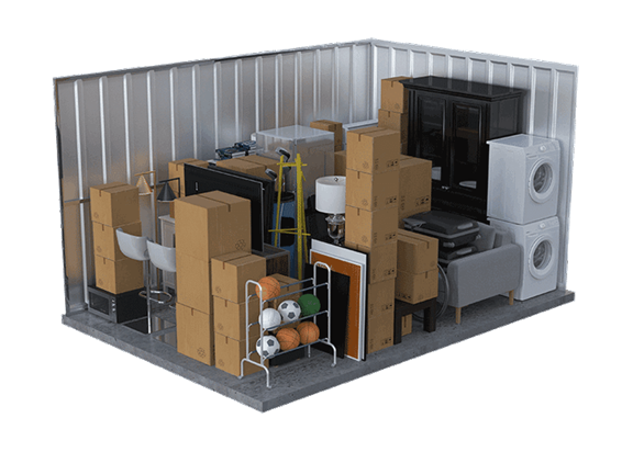 A 3D rendering showing the storage capacity of a 10x15 unit, filled with a refrigerator, bicycle, kettle grill, floor lamp, golf bag, appliances, bookshelf, and multiple cardboard moving boxes.