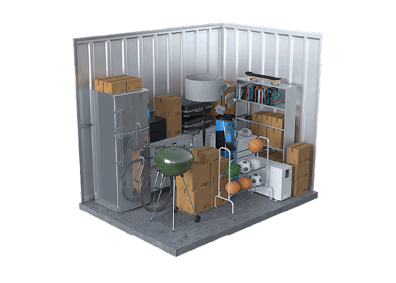 A 3D rendering showing the storage capacity of a 5x10 unit, filled with a refrigerator, bicycle, green kettle grill, floor lamp, golf bag, sports ball rack, bookshelf, and multiple cardboard moving boxes.