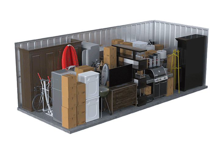 A 3D render of a large 10x30 storage unit filled with household items, including large armoires, a couch, a flat-screen TV on a media console, outdoor appliances like a gas grill and surfboard, washing machines, and numerous stacked moving boxes.