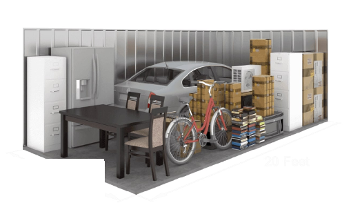 A 3D illustration of a 12x35 storage unit filled with items including a refrigerator, bicycle, kettle grill, floor lamp, golf clubs, sports equipment rack, a car, bookcase, and several cardboard boxes.